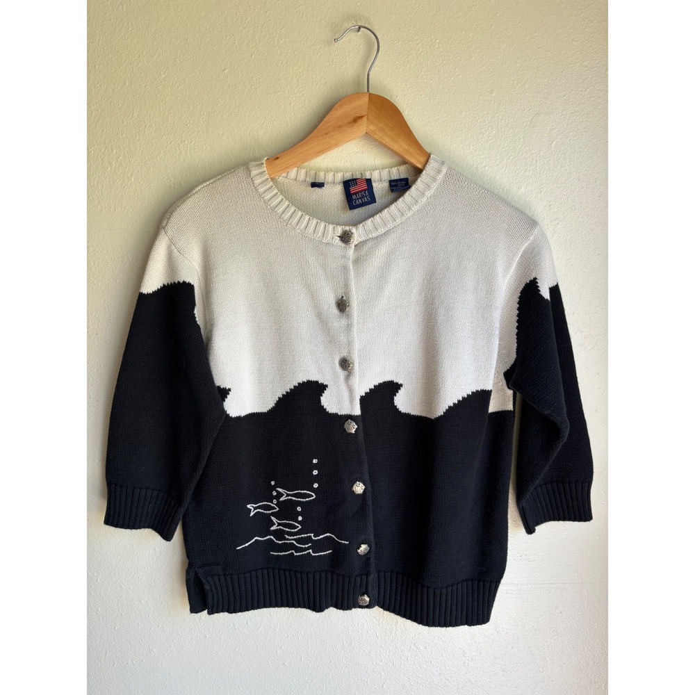 Marisa Canvas Women Small Nautical Wave Fish Button Cotton Knit Cardigan Sweater